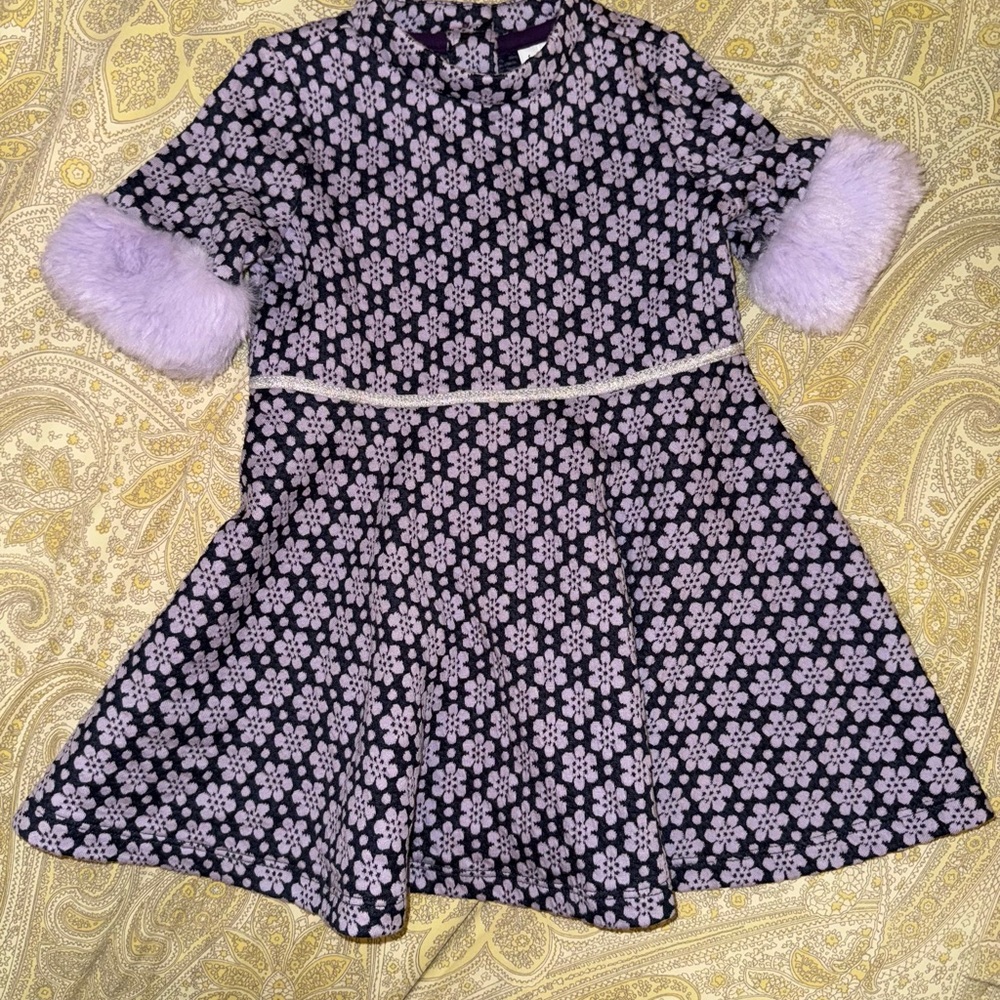 Janie and Jack - Floral Patterned Dress with Faux Fur Cuffs 12-18m